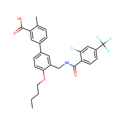 CCCCOc1ccc(-c2ccc(C)c(C(=O)O)c2)cc1CNC(=O)c1ccc(C(F)(F)F)cc1F ZINC000049033389