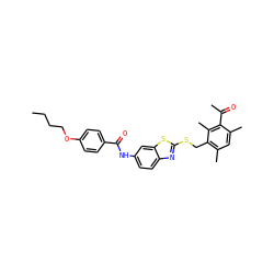 CCCCOc1ccc(C(=O)Nc2ccc3nc(SCc4c(C)cc(C)c(C(C)=O)c4C)sc3c2)cc1 ZINC000008438485