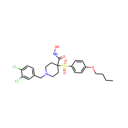 CCCCOc1ccc(S(=O)(=O)C2(C(=O)NO)CCN(Cc3ccc(Cl)c(Cl)c3)CC2)cc1 ZINC000013521114