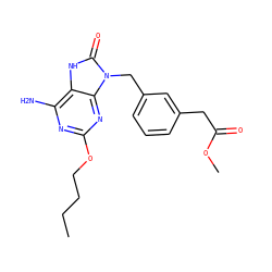 CCCCOc1nc(N)c2[nH]c(=O)n(Cc3cccc(CC(=O)OC)c3)c2n1 ZINC000049055739