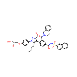 CCCCc1c(-c2ccc(C(=O)NS(=O)(=O)c3ccc4ccccc4c3)cc2C(=O)N2CCc3ccccc3C2)c(CO)nn1-c1ccc(OC[C@H](O)CO)cc1 ZINC000205500887