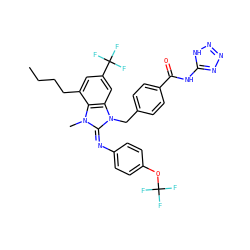 CCCCc1cc(C(F)(F)F)cc2c1n(C)/c(=N/c1ccc(OC(F)(F)F)cc1)n2Cc1ccc(C(=O)Nc2nnn[nH]2)cc1 ZINC000150543389