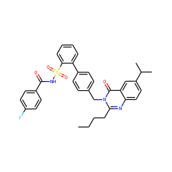 CCCCc1nc2ccc(C(C)C)cc2c(=O)n1Cc1ccc(-c2ccccc2S(=O)(=O)NC(=O)c2ccc(F)cc2)cc1 ZINC000027892707