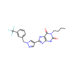 CCCCn1c(=O)[nH]c2nc(-c3cnn(Cc4cccc(C(F)(F)F)c4)c3)[nH]c2c1=O ZINC000029037290