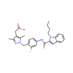 CCCCn1c(C(=O)Nc2ccc(Cn3nc(C)c(CC(=O)O)c3C)c(F)c2)cc2ccccc21 ZINC000169703215