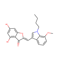 CCCCn1cc(/C=C2\Oc3cc(O)cc(O)c3C2=O)c2cccc(OC)c21 ZINC000169344592