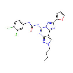 CCCCn1cc2c(nc(NC(=O)Nc3ccc(Cl)c(Cl)c3)n3nc(-c4ccco4)nc23)n1 ZINC000013472361