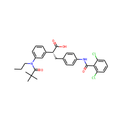 CCCN(C(=O)C(C)(C)C)c1cccc([C@@H](Cc2ccc(NC(=O)c3c(Cl)cccc3Cl)cc2)C(=O)O)c1 ZINC000028336946