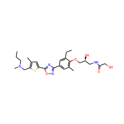 CCCN(C)Cc1sc(-c2nc(-c3cc(C)c(OC[C@@H](O)CNC(=O)CO)c(CC)c3)no2)cc1C ZINC000043205442