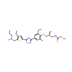CCCN(C)Cc1sc(-c2nc(-c3cc(C)c(OC[C@@H](O)CNC(=O)CO)c(CC)c3)no2)cc1CC ZINC000114775416