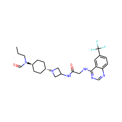 CCCN(C=O)[C@H]1CC[C@H](N2CC(NC(=O)CNc3ncnc4ccc(C(F)(F)F)cc34)C2)CC1 ZINC000149178378