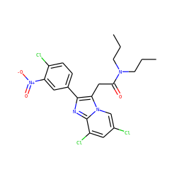 CCCN(CCC)C(=O)Cc1c(-c2ccc(Cl)c([N+](=O)[O-])c2)nc2c(Cl)cc(Cl)cn12 ZINC000045484100
