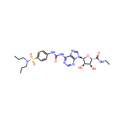 CCCN(CCC)S(=O)(=O)c1ccc(NC(=O)Nc2ncnc3c2ncn3[C@H]2O[C@H](C(=O)NCC)[C@@H](O)[C@H]2O)cc1 ZINC000049774358