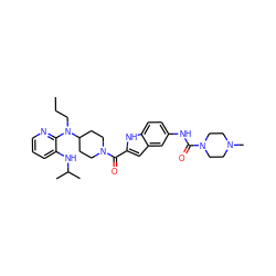 CCCN(c1ncccc1NC(C)C)C1CCN(C(=O)c2cc3cc(NC(=O)N4CCN(C)CC4)ccc3[nH]2)CC1 ZINC000014943760