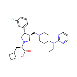 CCCN(c1ncccn1)C1CCN(C[C@H]2CN([C@H](CC3CCC3)C(=O)O)C[C@@H]2c2cccc(F)c2)CC1 ZINC000053255776