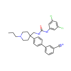 CCCN1CCC(CNC(=O)Nc2cc(Cl)cc(Cl)c2)(c2ccc(-c3cccc(C#N)c3)cc2)CC1 ZINC000028109348
