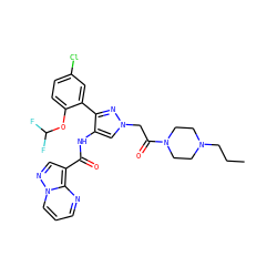 CCCN1CCN(C(=O)Cn2cc(NC(=O)c3cnn4cccnc34)c(-c3cc(Cl)ccc3OC(F)F)n2)CC1 ZINC001772618323
