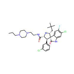 CCCN1CCN(CCNC(=O)[C@@H]2N[C@H](CC(C)(C)C)[C@]3(C(=O)Nc4cc(Cl)c(F)cc43)[C@H]2c2cccc(Cl)c2)CC1 ZINC000145766797