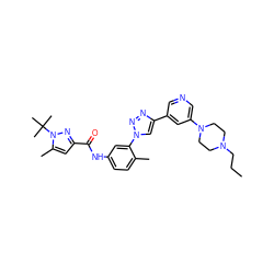 CCCN1CCN(c2cncc(-c3cn(-c4cc(NC(=O)c5cc(C)n(C(C)(C)C)n5)ccc4C)nn3)c2)CC1 ZINC000118879629