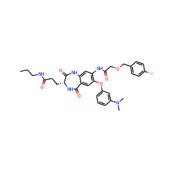 CCCNC(=O)CC[C@H]1NC(=O)c2cc(Oc3cccc(N(C)C)c3)c(NC(=O)COCc3ccc(F)cc3)cc2NC1=O ZINC001772645775