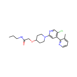 CCCNC(=O)COC1CCN(c2cc(-c3ncccc3C)c(Cl)cn2)CC1 ZINC000146951035