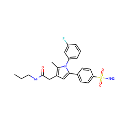 CCCNC(=O)Cc1cc(-c2ccc(S(N)(=O)=O)cc2)n(-c2cccc(F)c2)c1C ZINC000299870856