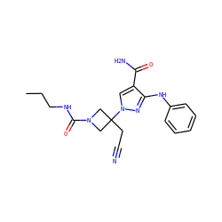 CCCNC(=O)N1CC(CC#N)(n2cc(C(N)=O)c(Nc3ccccc3)n2)C1 ZINC000221000411