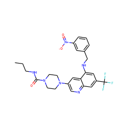 CCCNC(=O)N1CCN(c2cnc3cc(C(F)(F)F)cc(NCc4cccc([N+](=O)[O-])c4)c3c2)CC1 ZINC000169328725