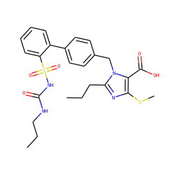 CCCNC(=O)NS(=O)(=O)c1ccccc1-c1ccc(Cn2c(CCC)nc(SC)c2C(=O)O)cc1 ZINC000026167823