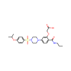 CCCNC(=O)c1ccc(N2CCN(S(=O)(=O)c3ccc(OC(C)C)cc3)CC2)cc1OCC(=O)O ZINC001772609228