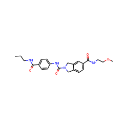 CCCNC(=O)c1ccc(NC(=O)N2Cc3ccc(C(=O)NCCOC)cc3C2)cc1 ZINC000218672822
