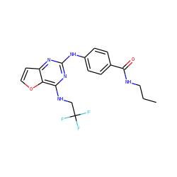 CCCNC(=O)c1ccc(Nc2nc(NCC(F)(F)F)c3occc3n2)cc1 ZINC000116903336