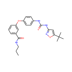 CCCNC(=O)c1cccc(Oc2ccc(NC(=O)Nc3cc(C(C)(C)C)on3)cc2)c1 ZINC000013589521