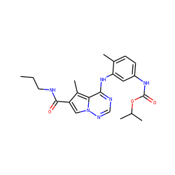 CCCNC(=O)c1cn2ncnc(Nc3cc(NC(=O)OC(C)C)ccc3C)c2c1C ZINC000014974273