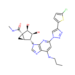 CCCNc1cc(-n2cc(-c3ccc(Cl)s3)nn2)nc2c1ncn2[C@H]1[C@H](O)[C@H](O)[C@]2(C(=O)NC)C[C@H]12 ZINC000473134888