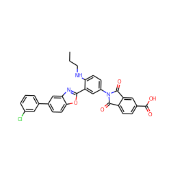 CCCNc1ccc(N2C(=O)c3ccc(C(=O)O)cc3C2=O)cc1-c1nc2cc(-c3cccc(Cl)c3)ccc2o1 ZINC000049881606