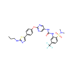 CCCNc1ncc(-c2ccc(Oc3ncc(NC(=O)Nc4cc(C(F)(F)F)ccc4S(=O)(=O)N(C)C)cn3)cc2)s1 ZINC000143856169