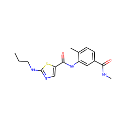 CCCNc1ncc(C(=O)Nc2cc(C(=O)NC)ccc2C)s1 ZINC000029041391