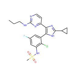 CCCNc1nccc(-c2nc(C3CC3)[nH]c2-c2cc(F)cc(NS(C)(=O)=O)c2Cl)n1 ZINC000169694672