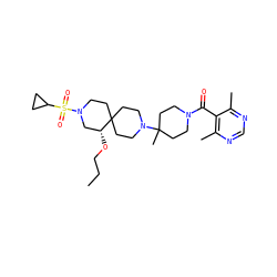 CCCO[C@@H]1CN(S(=O)(=O)C2CC2)CCC12CCN(C1(C)CCN(C(=O)c3c(C)ncnc3C)CC1)CC2 ZINC000044388402