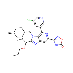 CCCO[C@H](CC)c1nc2cc(-c3noc(=O)[nH]3)nc(-c3cncc(Cl)c3)c2n1C[C@H]1CC[C@H](C)CC1 ZINC000261081203