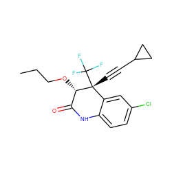 CCCO[C@H]1C(=O)Nc2ccc(Cl)cc2[C@@]1(C#CC1CC1)C(F)(F)F ZINC000006380680