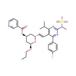 CCCO[C@H]1C[C@@H](OC(=O)c2cccnc2)C[C@H](/C=C/c2c(-c3ccc(F)cc3)nc(N(C)S(C)(=O)=O)nc2C(C)C)O1 ZINC001772579836