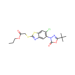 CCCOC(=O)CSc1nc2cc(-n3nc(C(C)(C)C)oc3=O)c(Cl)cc2s1 ZINC000103205136