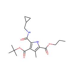 CCCOC(=O)c1[nH]c(C(=O)NCC2CC2)c(C(=O)OC(C)(C)C)c1C ZINC000013533467