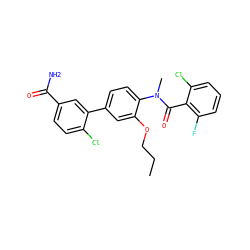 CCCOc1cc(-c2cc(C(N)=O)ccc2Cl)ccc1N(C)C(=O)c1c(F)cccc1Cl ZINC000221912298