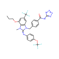 CCCOc1cc(C(F)(F)F)cc2c1n(C)/c(=N/c1ccc(OC(F)(F)F)cc1)n2Cc1ccc(C(=O)Nc2nnn[nH]2)cc1 ZINC000150548336