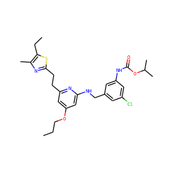 CCCOc1cc(CCc2nc(C)c(CC)s2)nc(NCc2cc(Cl)cc(NC(=O)OC(C)C)c2)c1 ZINC000029472351