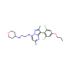 CCCOc1cc(Cl)c(-c2c(C)nn3c(NCCNC4CCOCC4)cc(C)nc23)c(Cl)c1 ZINC000071332985