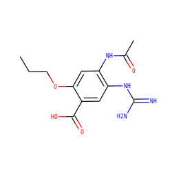 CCCOc1cc(NC(C)=O)c(NC(=N)N)cc1C(=O)O ZINC000040952750
